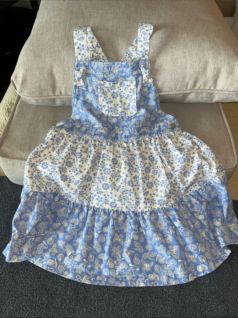 cupcakes & cashmere Blue and White Floral Tiered Pinafore Dress 100% cotton